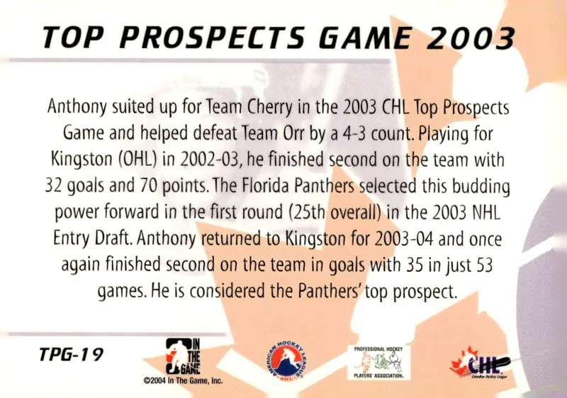 2004-05 In The Game Heroes and Prospects #TPG-19 Anthony Stewart (back)