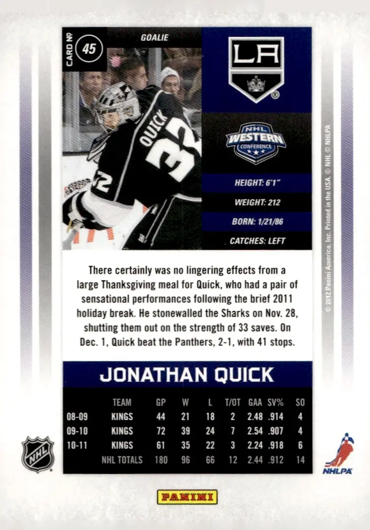 2011-12 Panini Contenders #45 Jonathan Quick (back)