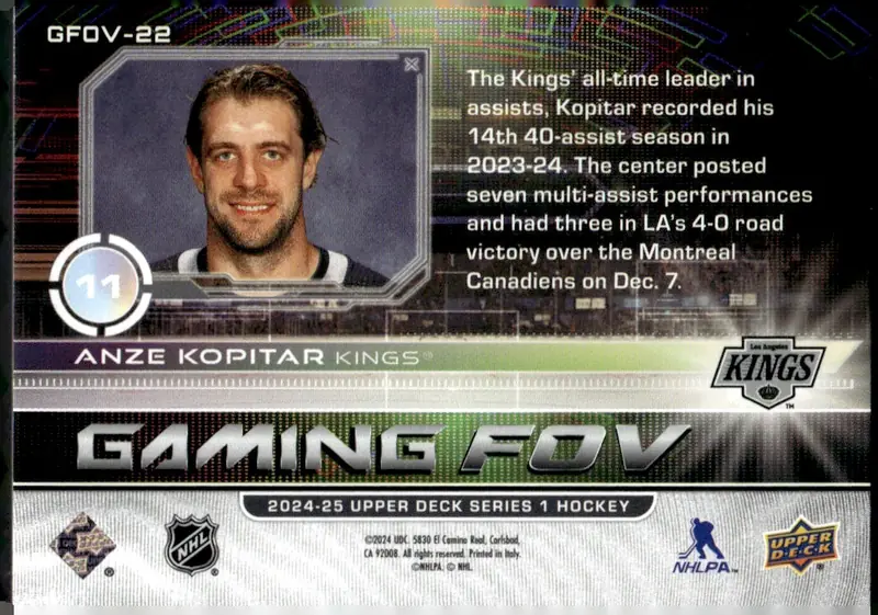 2024-25 Upper Deck Series 1 #GFOV-22 Anze Kopitar (back)
