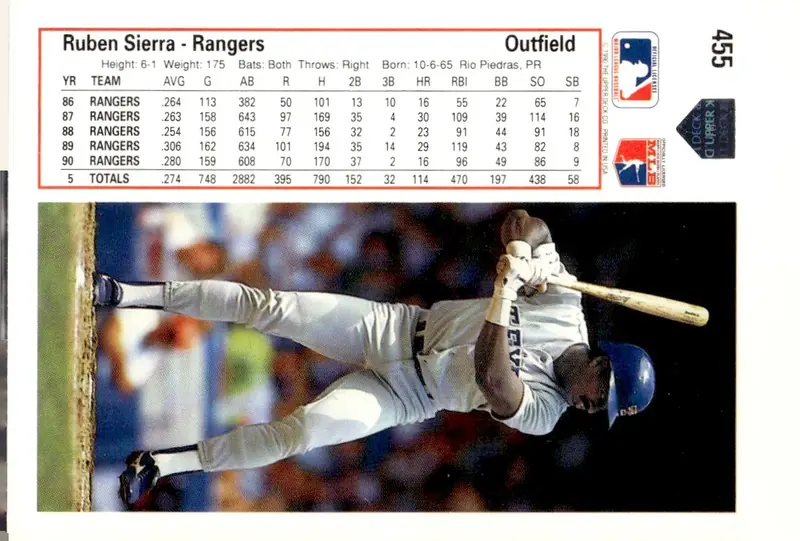 1991 Upper Deck #455 Ruben Sierra (back)