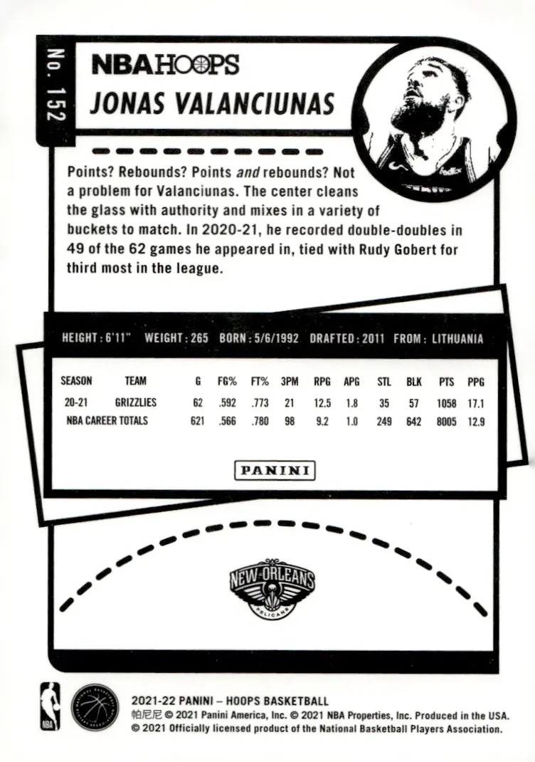 2021-22 NBA Hoops #152 Jonas Valanciunas (back)