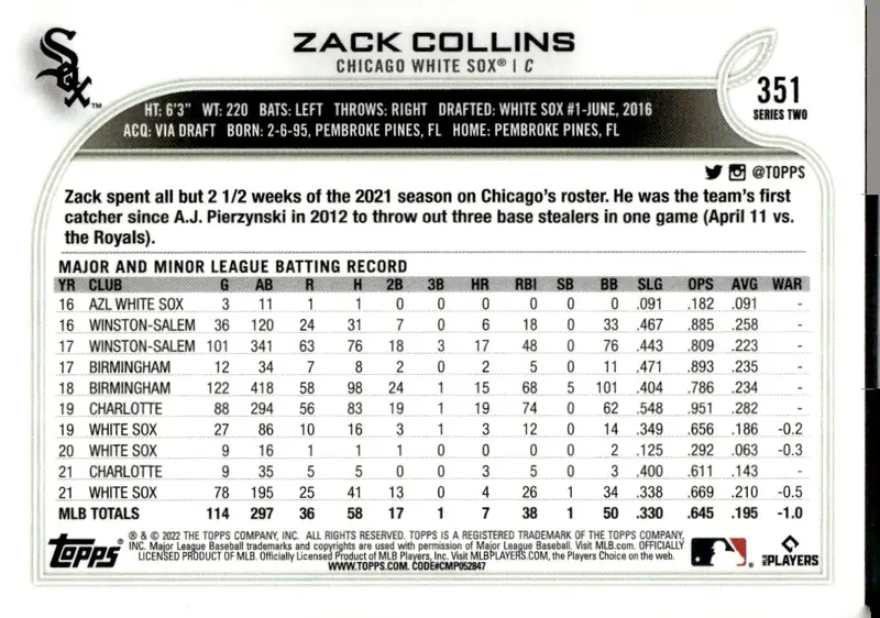 2022 Topps Series 2 #351 Zack Collins (back)