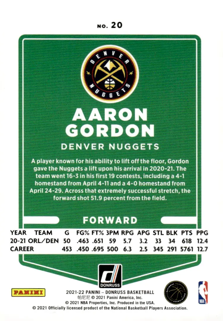 2021-22 Donruss #20 Aaron Gordon (back)