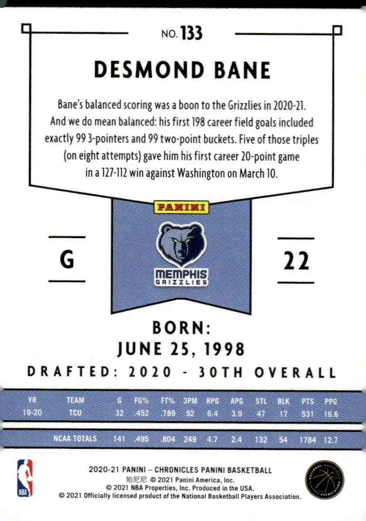 2020-21 Chronicles #133 Desmond Bane (back)