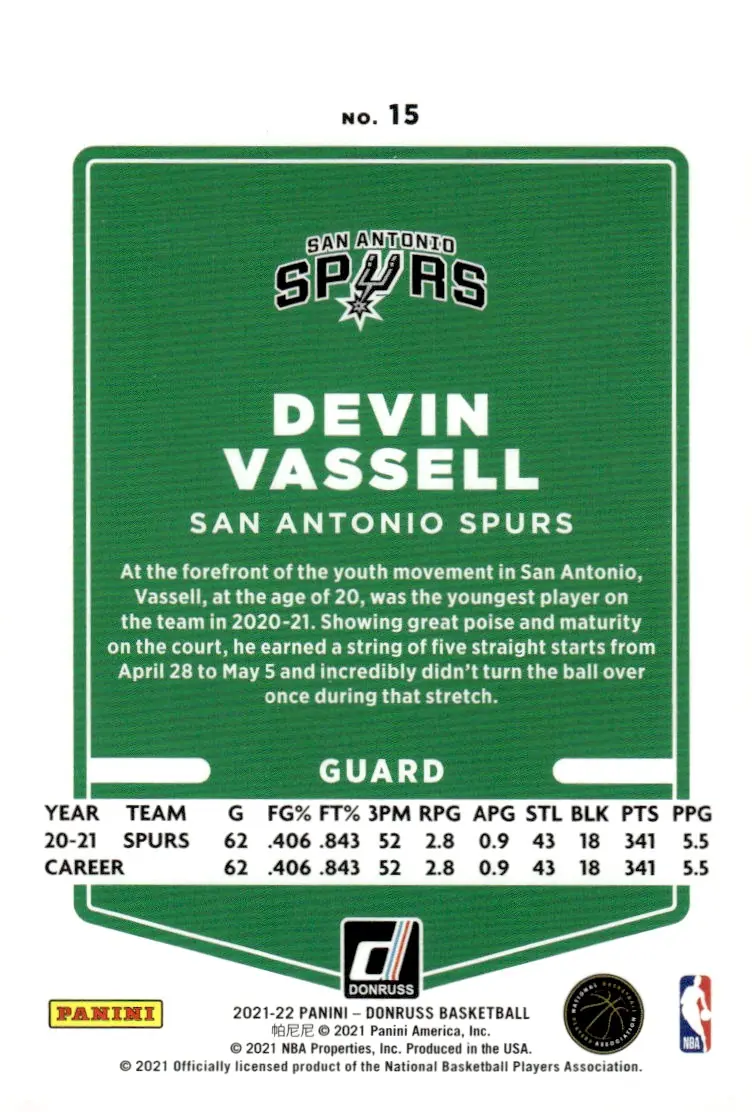 2021-22 Donruss #15 Devin Vassell (back)