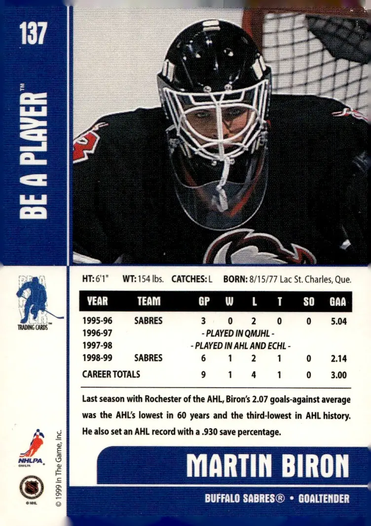1999-00 Be A Player Memorabilia #137 Martin Biron (back)