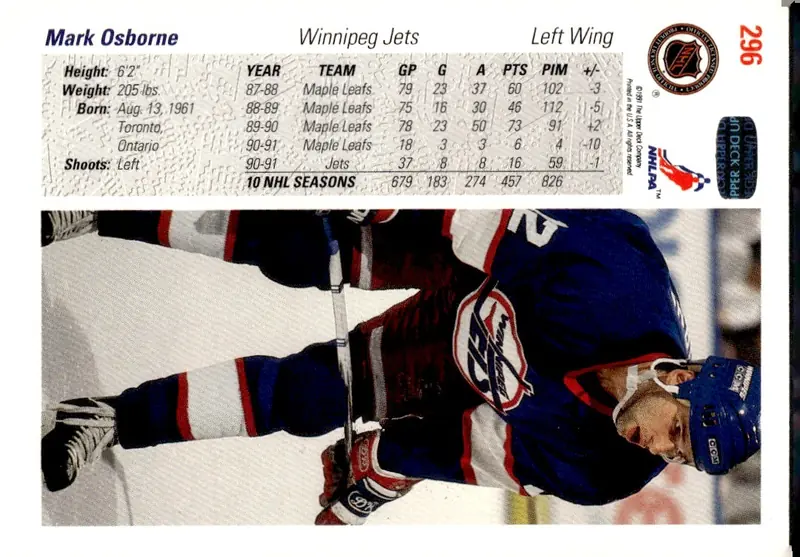 1991-92 Upper Deck #296 Mark Osborne (back)