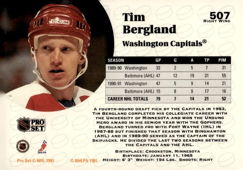 1991-92 Pro Set #507 Tim Bergland (back)