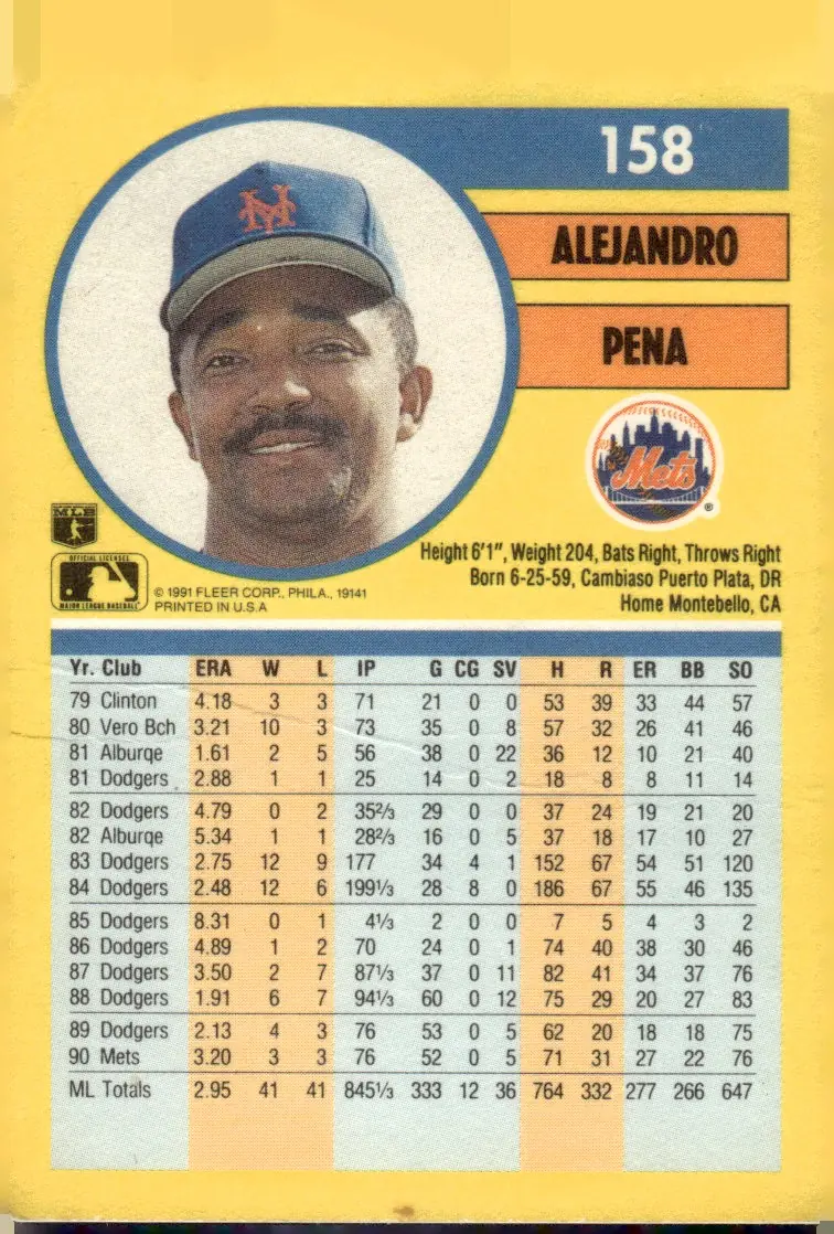 1991 Fleer #158 Alejandro Pena (back)