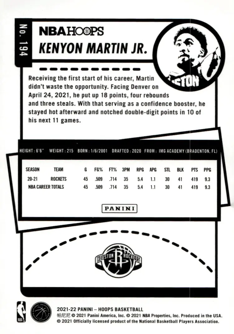 2021-22 NBA Hoops #194 Kenyon Martin Jr. (back)