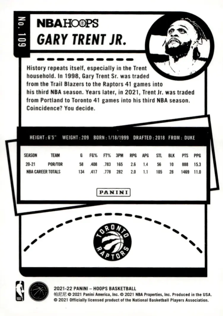 2021-22 NBA Hoops #109 Gary Trent Jr. (back)