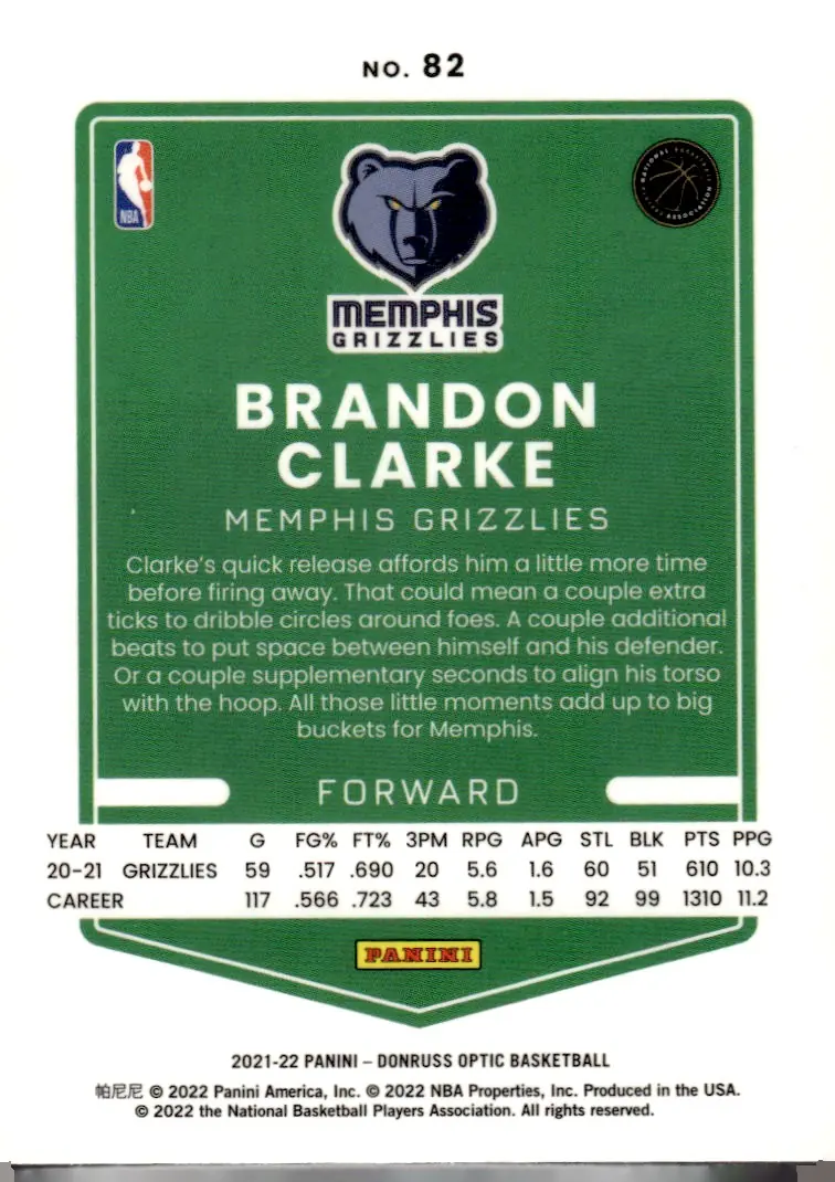 2021-22 Donruss Optic #82 Brandon Clarke (back)