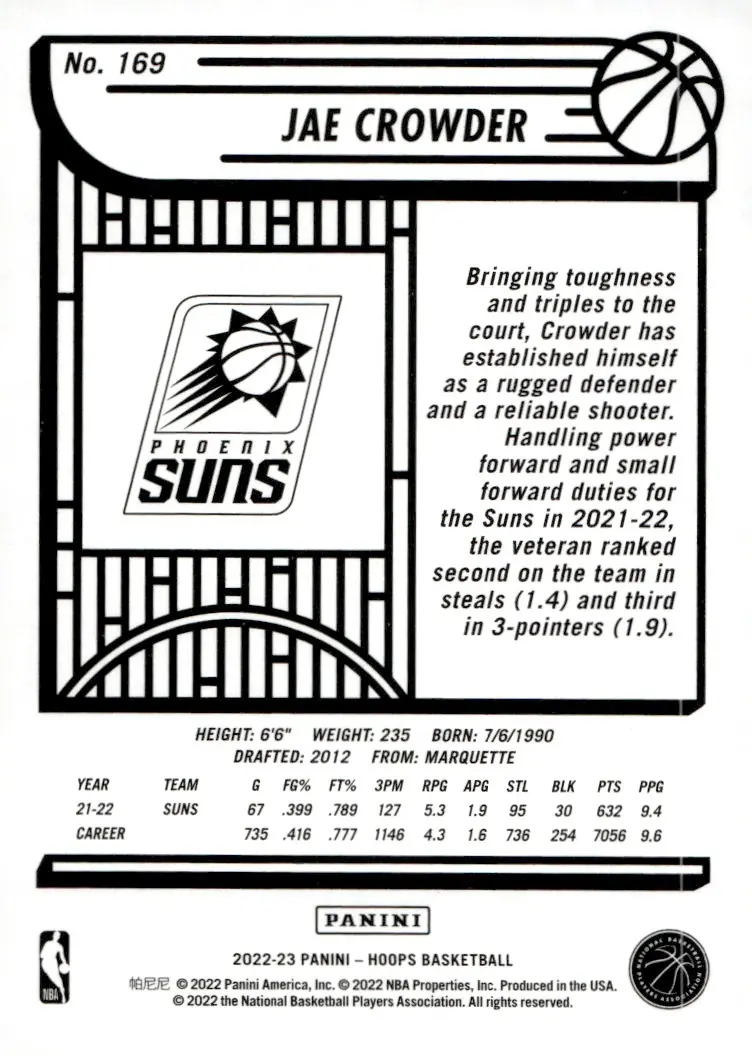 2022-23 NBA Hoops #169 Jae Crowder (back)