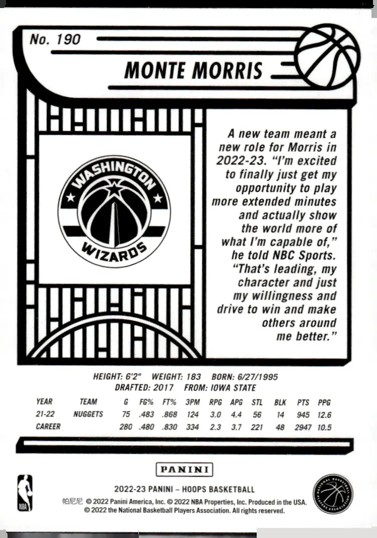 2022-23 NBA Hoops #190 Monte Morris (back)