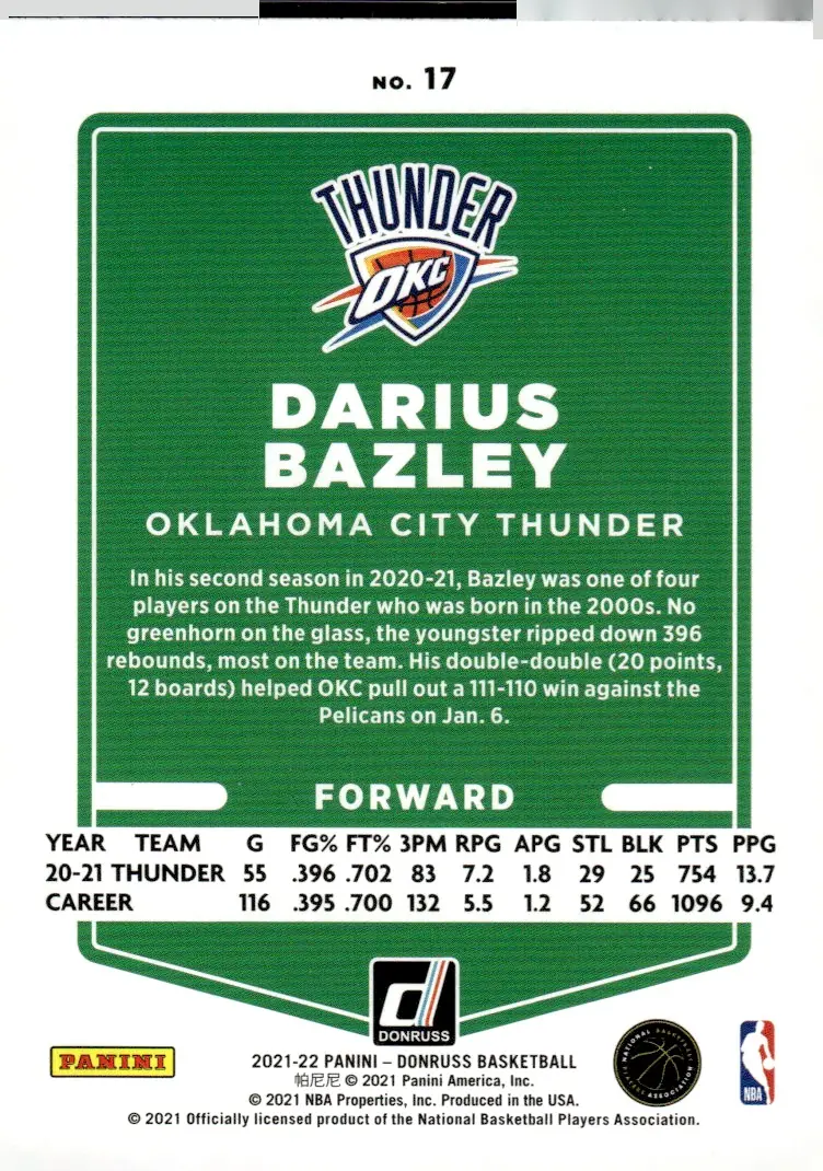 2021-22 Donruss #17 Darius Bazley (back)