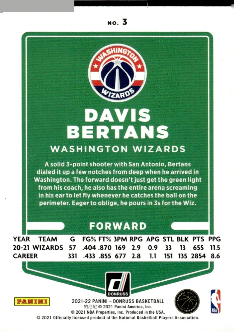 2021-22 Donruss #3 Davis Bertans (back)