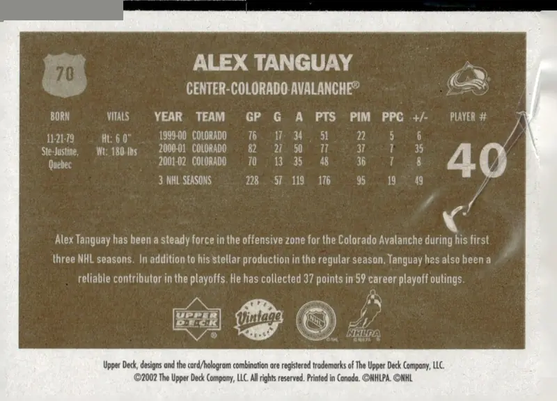 2002-03 Upper Deck Vintage #70 Alex Tanguay (back)