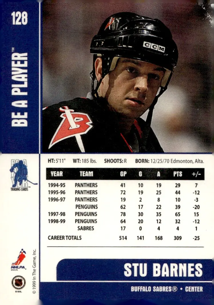 1999-00 Be A Player Memorabilia #128 Stu Barnes (back)