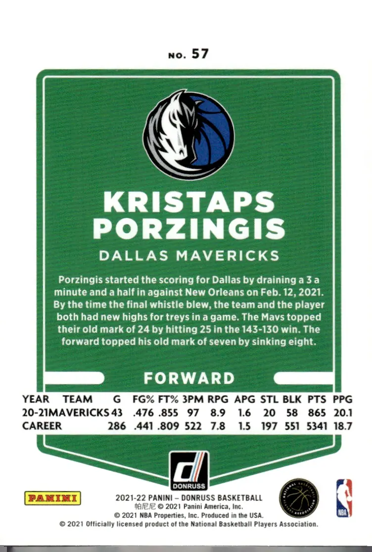 2021-22 Donruss Basketball #57 Kristaps Porzingis (back)