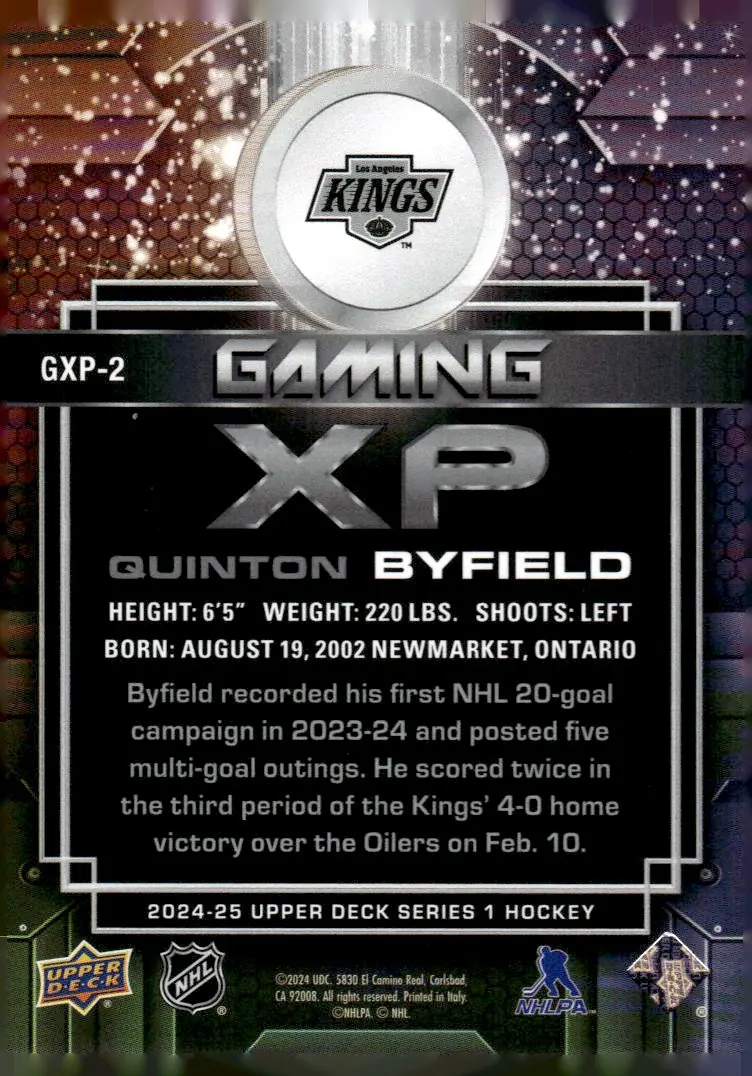 2024-25 Upper Deck Series 1 #GXP-2 Quinton Byfield (back)