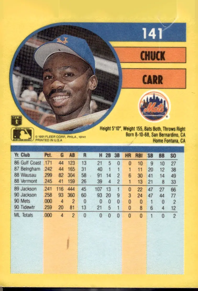 1991 Fleer #141 Chuck Carr (back)
