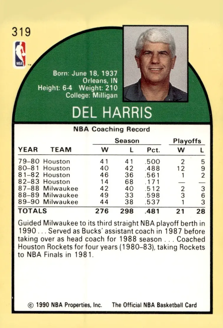 1990-91 NBA Hoops #319 Del Harris (back)