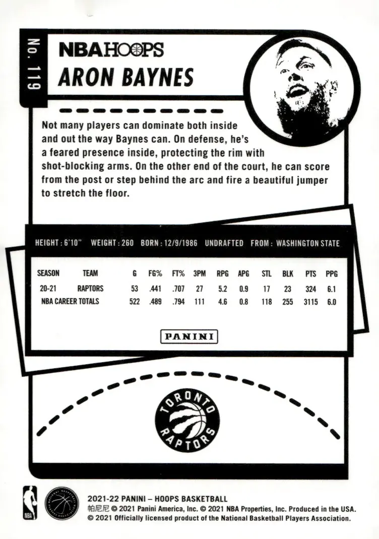 2021-22 NBA Hoops #119 Aron Baynes (back)
