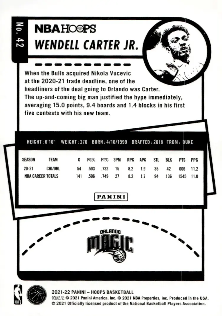 2021-22 NBA Hoops #42 Wendell Carter Jr. (back)