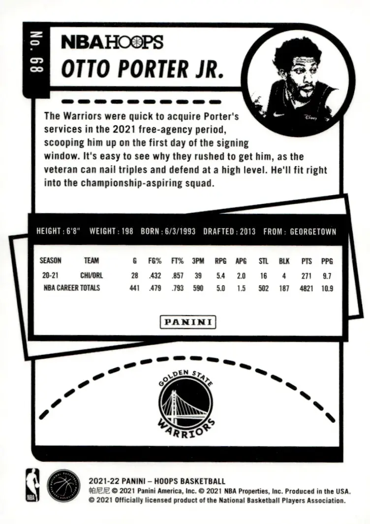 2021-22 NBA Hoops #68 Otto Porter Jr. (back)