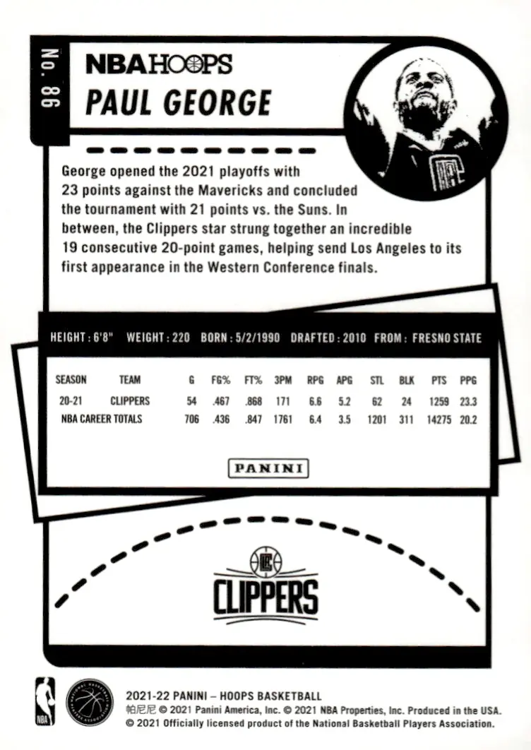 2021-22 NBA Hoops #86 Paul George (back)