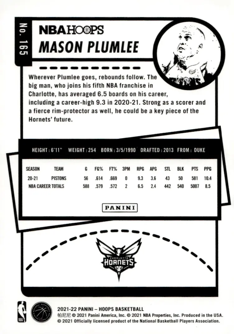 2021-22 NBA Hoops #165 Mason Plumlee (back)
