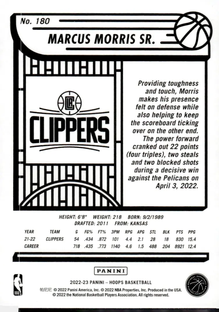 2022-23 NBA Hoops #180 Marcus Morris Sr. (back)