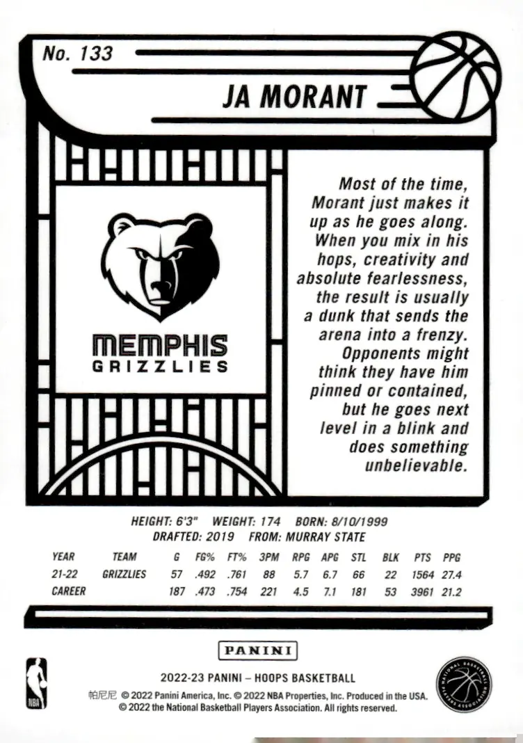 2022-23 NBA Hoops #133 Ja Morant (back)