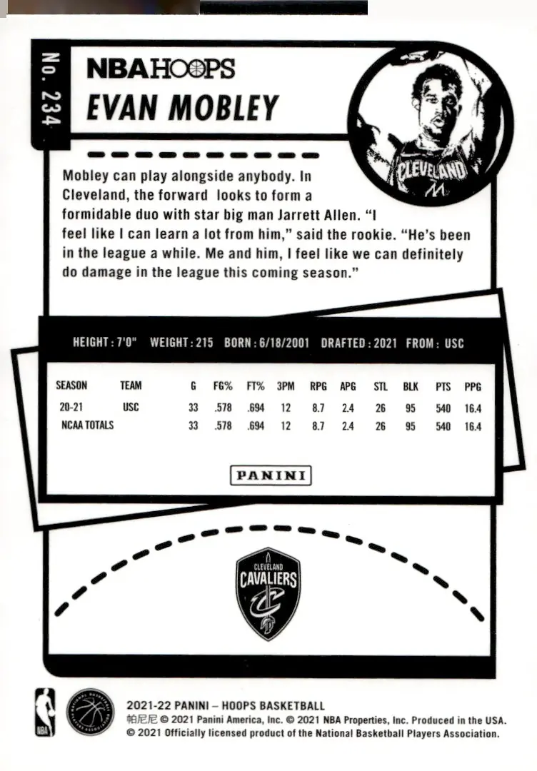 2021-22 NBA Hoops #234 Evan Mobley (back)