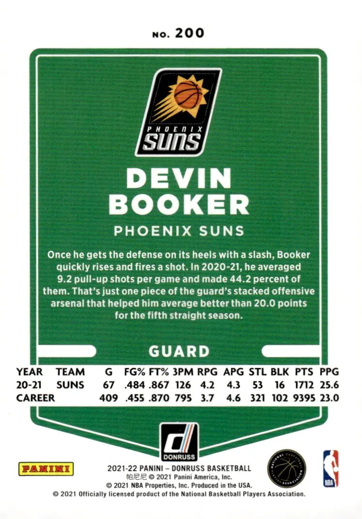 2021-22 Donruss #200 Devin Booker (back)