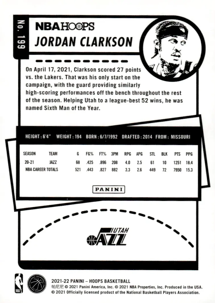 2021-22 NBA Hoops #199 Jordan Clarkson (back)