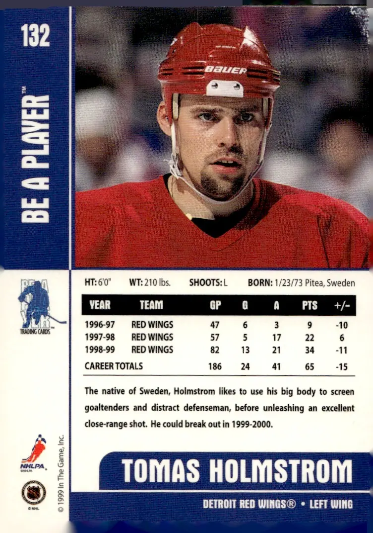 1999-00 Be A Player Memorabilia #132 Tomas Holmstrom (back)