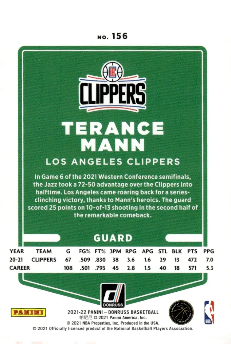 2021-22 Donruss #156 Terance Mann (back)