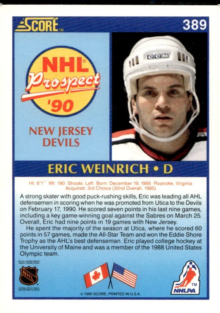 1990-91 Score (American) #389 Eric Weinrich (back)