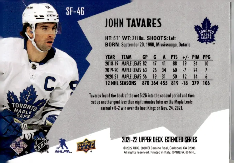 2021-22 Upper Deck Extended Series #SF-46 John Tavares (back)