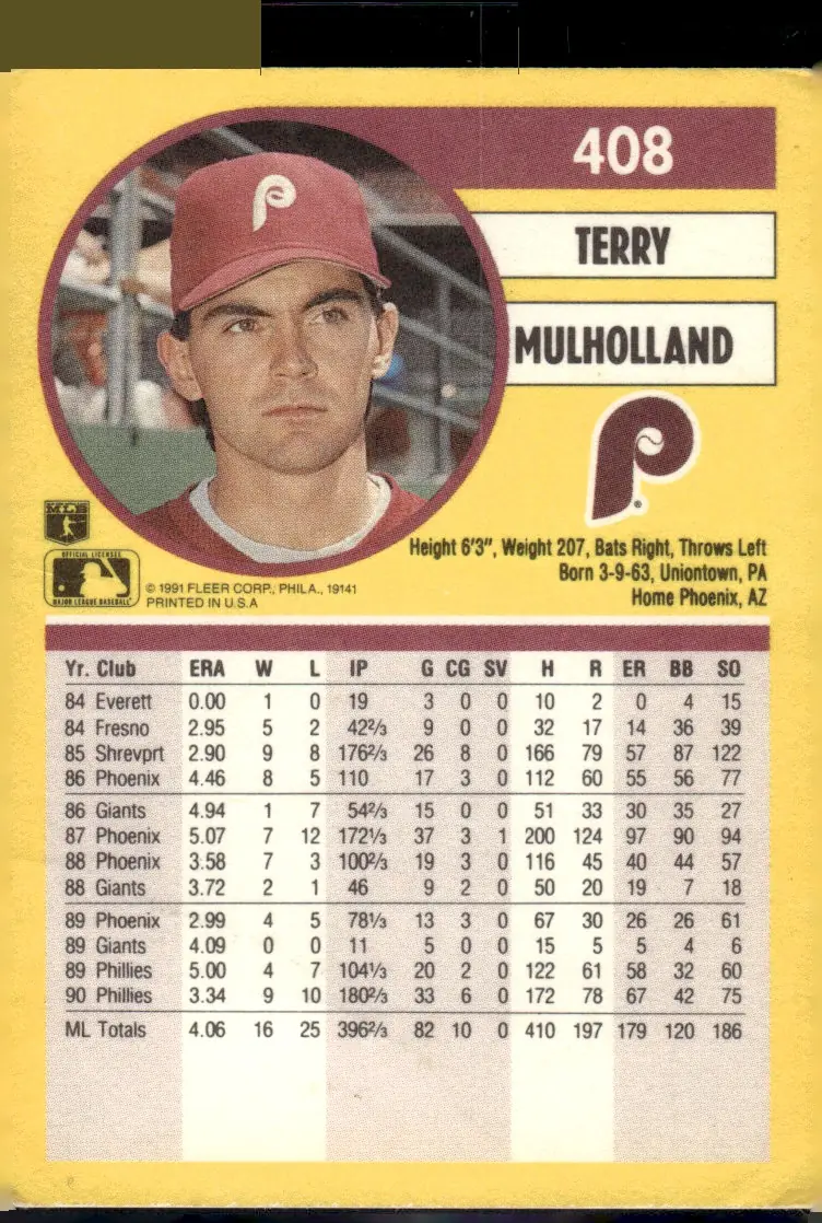 1991 Fleer #408 Terry Mulholland (back)