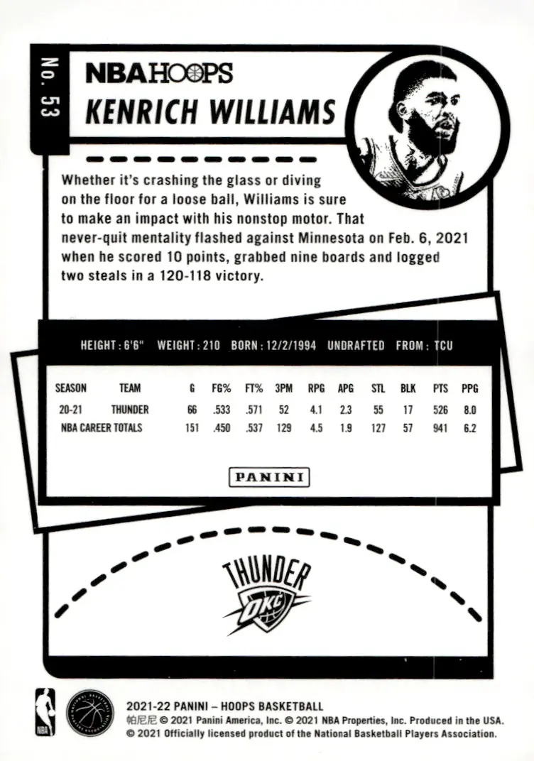 2021-22 NBA Hoops #53 Kenrich Williams (back)
