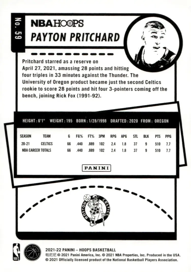 2021-22 NBA Hoops #59 Payton Pritchard (back)
