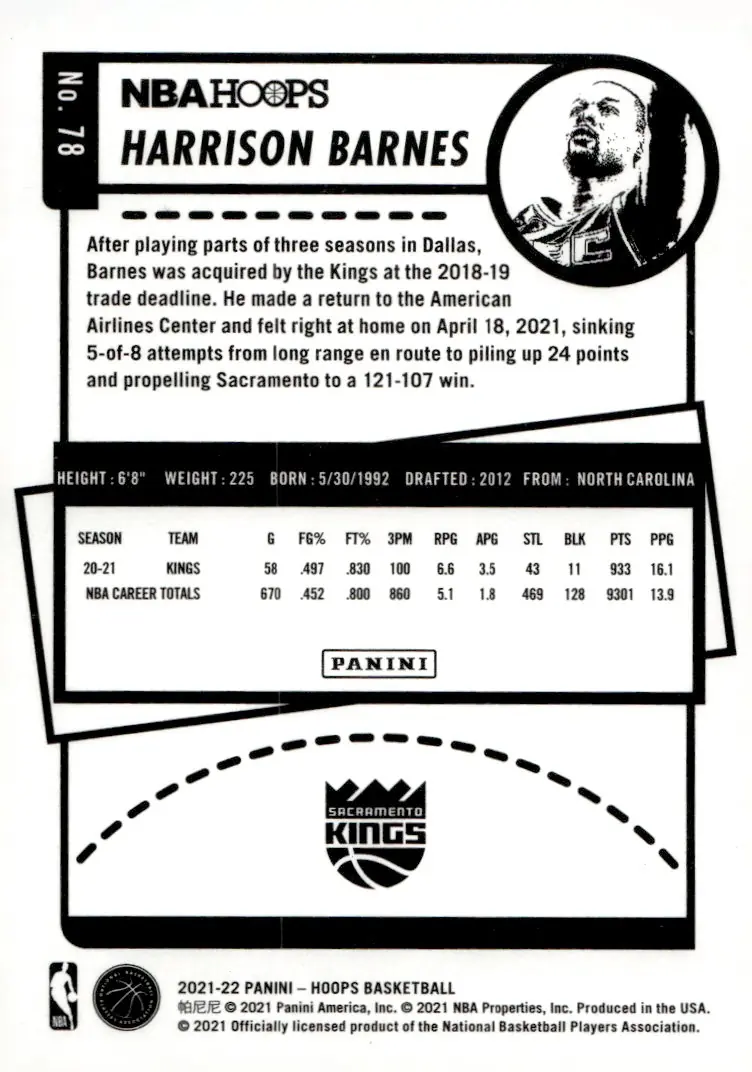2021-22 NBA Hoops #78 Harrison Barnes (back)