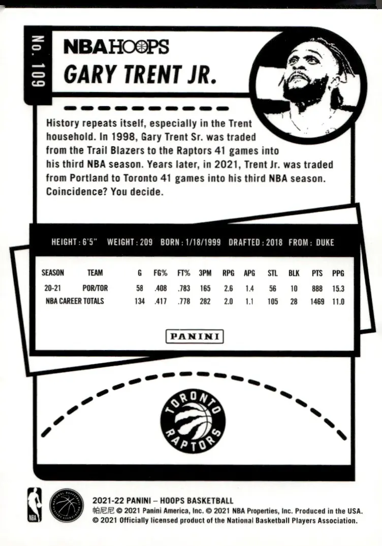 2021-22 NBA Hoops #109 Gary Trent Jr. (back)