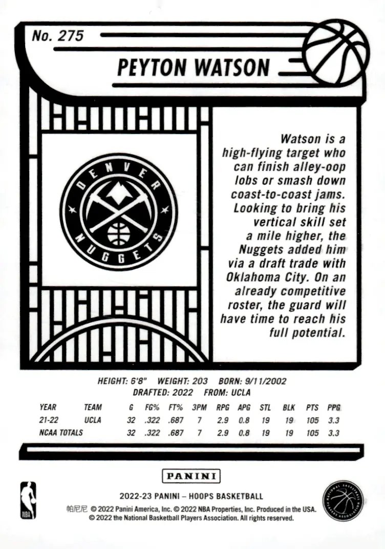 2022-23 NBA Hoops #275 Peyton Watson (back)