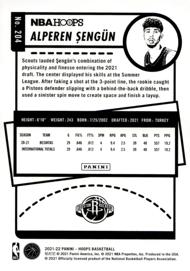 2021-22 NBA Hoops #204 Alperen Şengün – Winter (back)