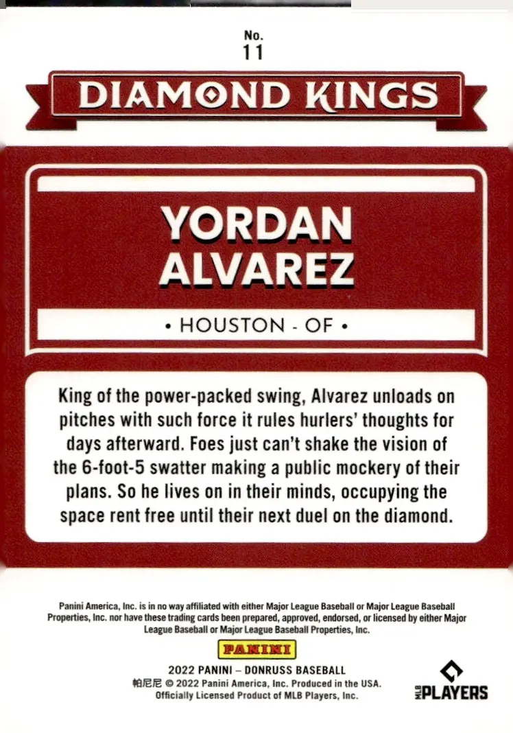 2022 Panini Donruss Baseball #11 Yordan Alvarez (back)