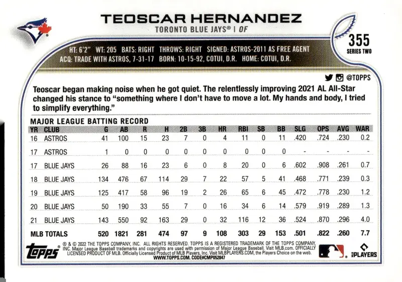 2022 Topps Series 2 #355 Teoscar Hernandez (back)