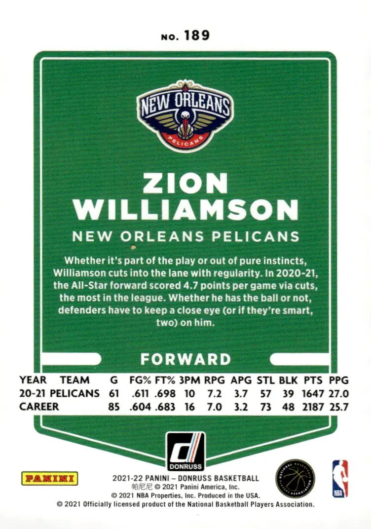 2021-22 Donruss Basketball #189 Zion Williamson (back)